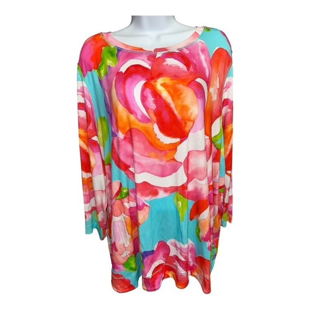 Ali Miles 1X Top Pink Blue Floral Colorful Art Pullover Soft Stretch 3/4 Sleeves - Picture 3 of 6